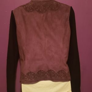 Coldwater Creek, purple faux suede jacket with black sweater sleeves, size S